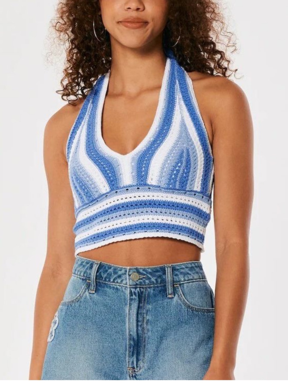 💙 Hollister Blue & White Crochet Striped Halter Crop Top - Size M